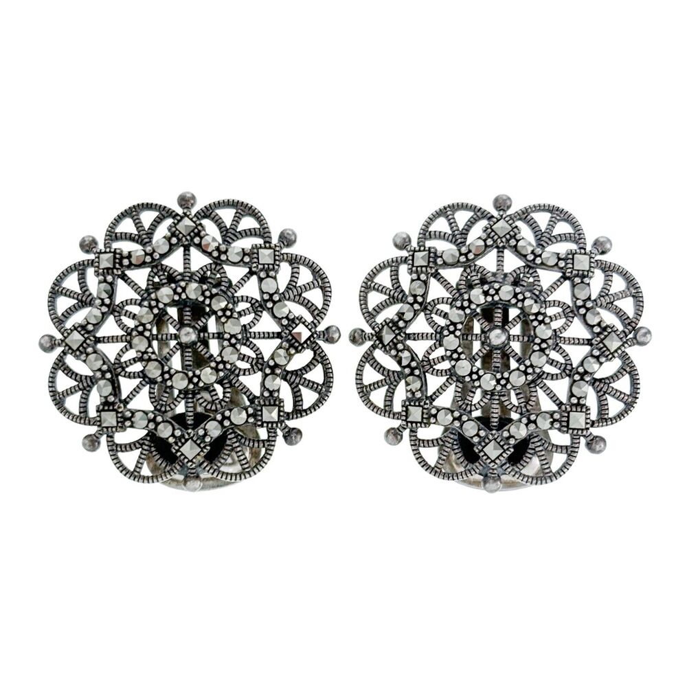 Vintage Sterling Silver 925 Marcasite Clip-On Earrings